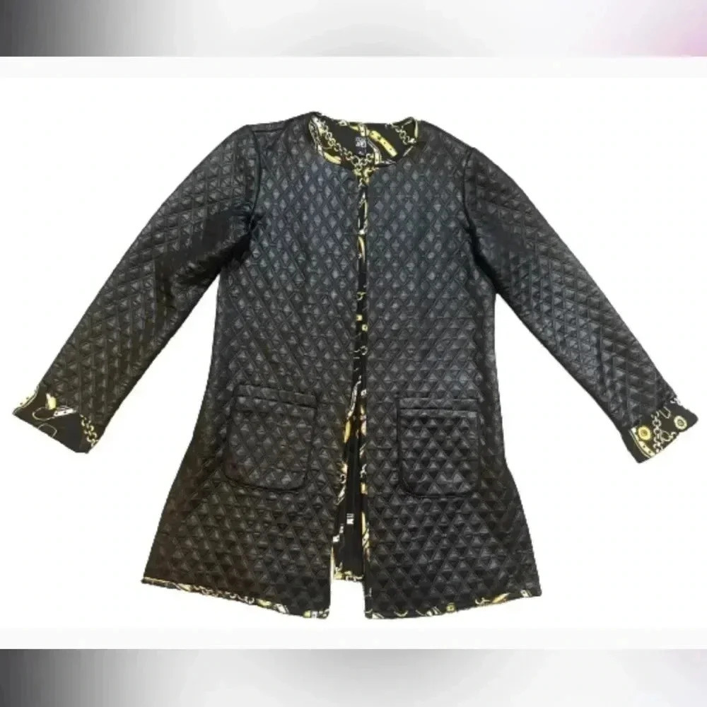 ROZ‎ & ALI JACKET BLACK AND GOLD PRINT QUILTED LONG POCKETS SIZE SMALL